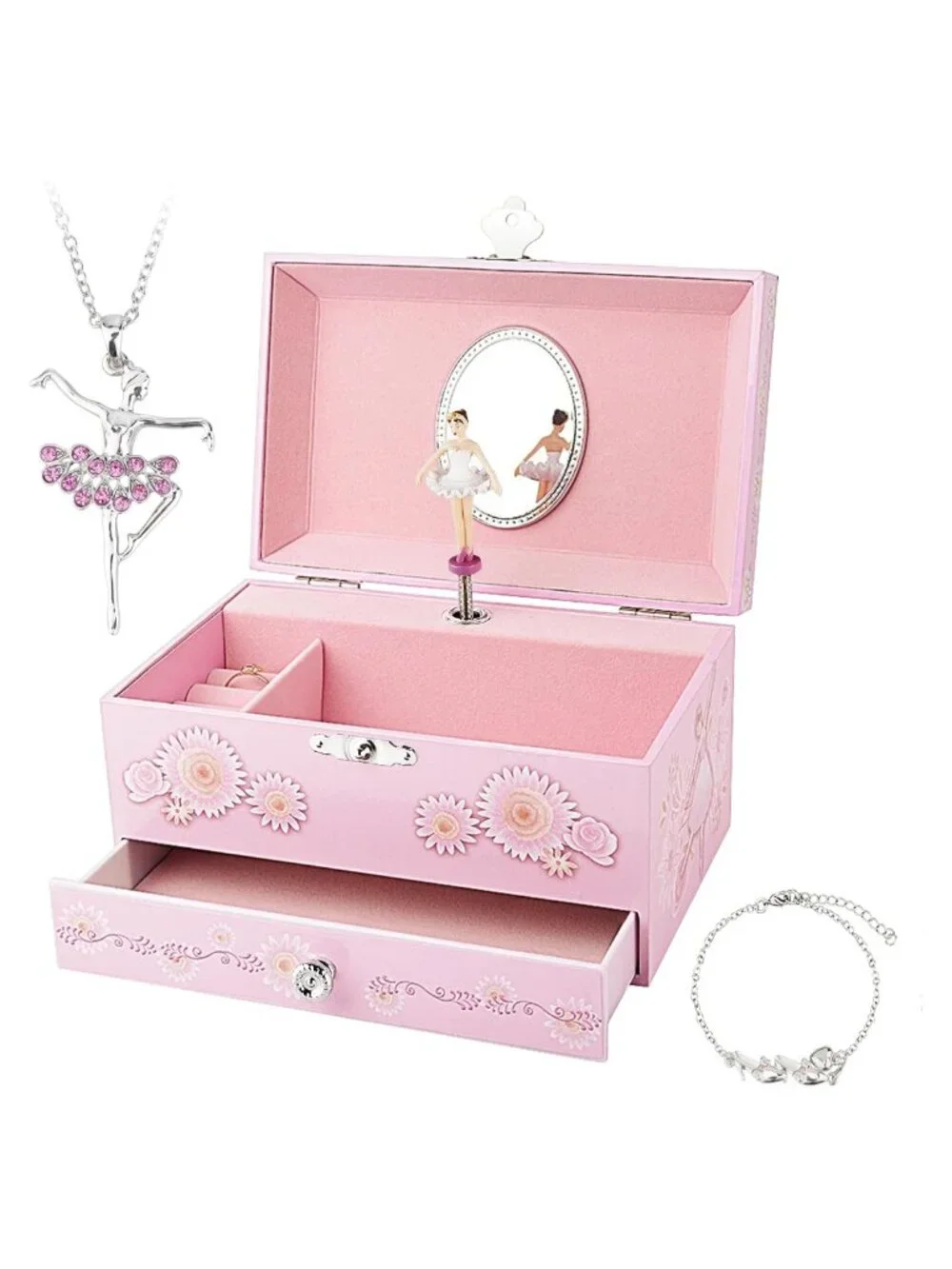 Kids Musical Jewelry Box Ballerina Wood Velvet Lined